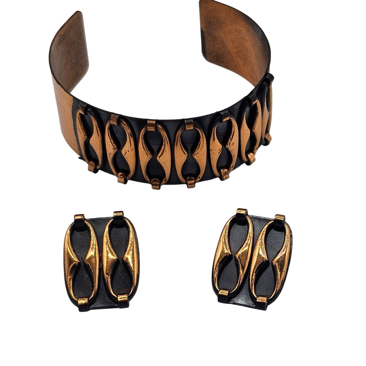 Vintage Copper Renoir Infinity Espana Cuff Bracelet Clip-On Earrings Set MCM
