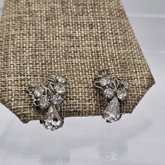 Very Nice Clear Pear Teardrop Rhinestone Cluster Clip-on Earrings Vintage